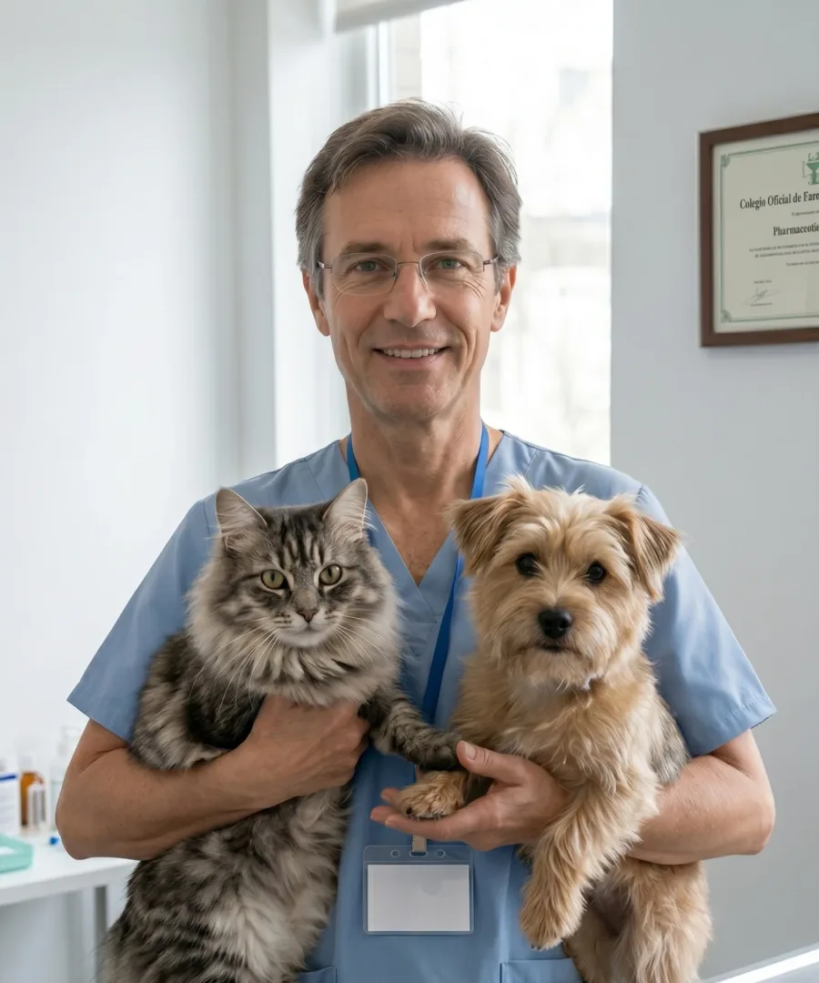 Farmacéutico veterinario con un gato y un perro en la clínica de Vitoria-Gasteiz